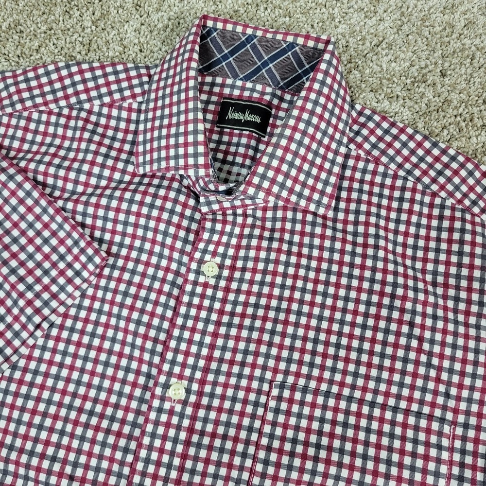 Neiman Marcus Mens Large Red Gingham Check Button Up Short Sleeve